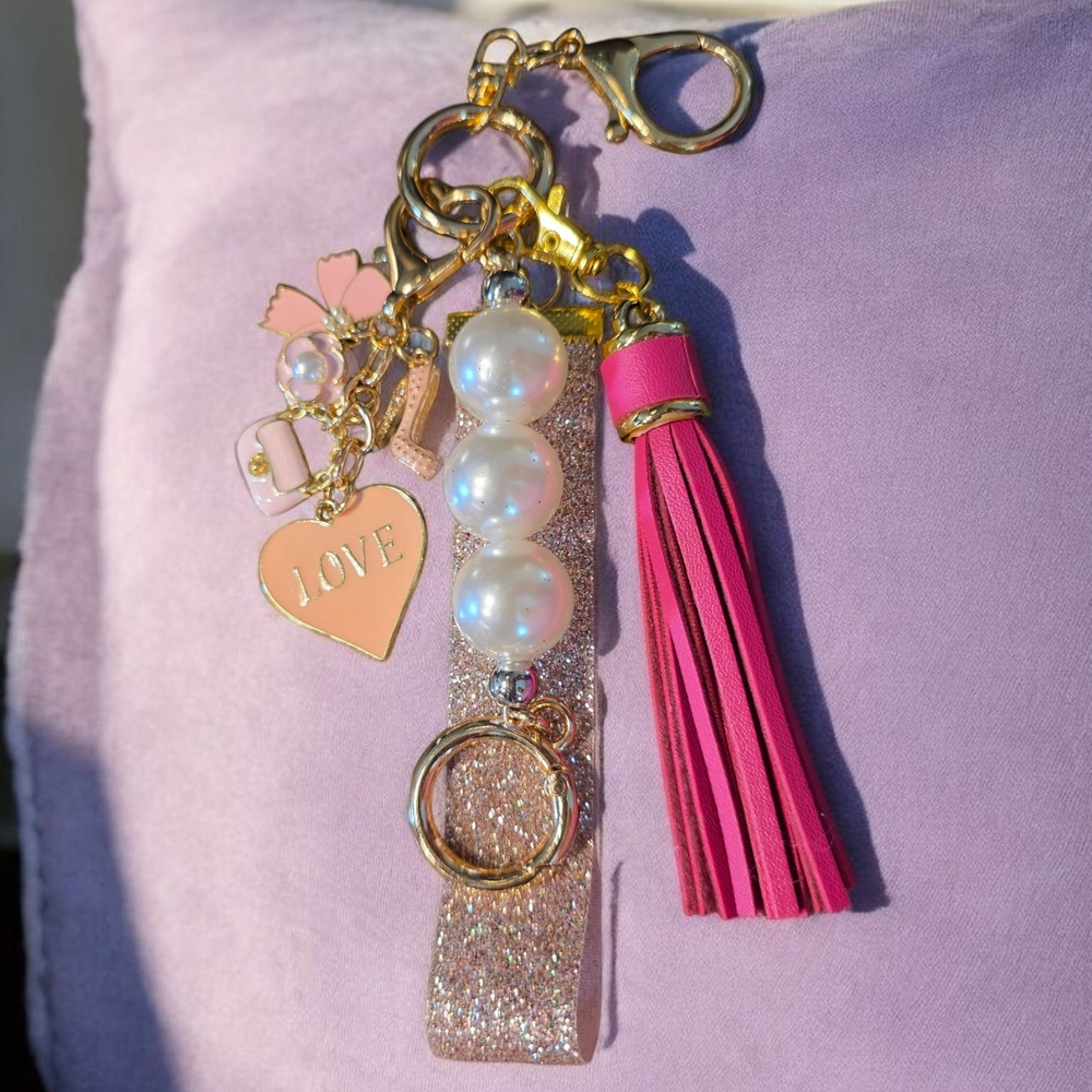 SALE!! Elegant Pink and Gold Keychain with Pearls